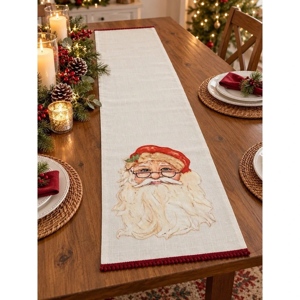 Oak Street Santa Christmas Table Runner 14x56 Cotton Appliqué Pom Pom Trim #3